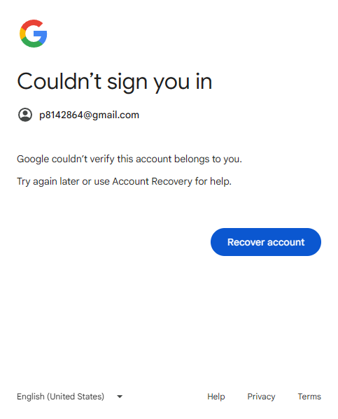Variants A / C / D — Google rejects automation fingerprint with "Couldn't sign you in — this browser or app may not be secure" before asking for a password.