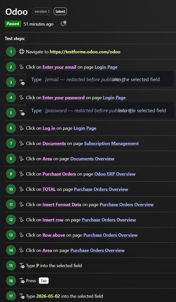AIVA test-runs viewer screenshot showing each step the agent executed against Odoo Spreadsheet (login credentials redacted).